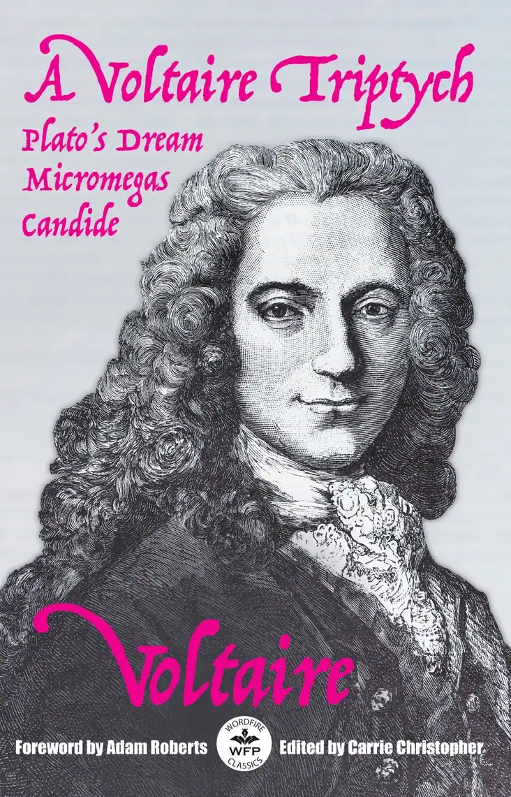 Black and white portrait of Voltaire with pink text overlay.