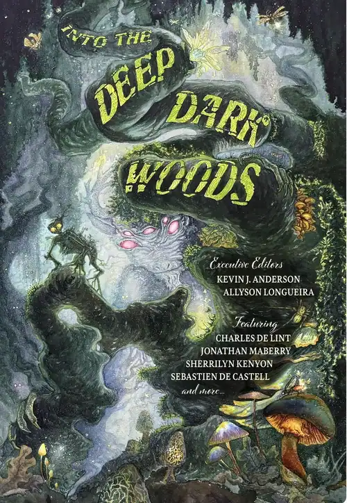 Book cover for 'Into the Deep Dark Woods' featuring a mystical forest scene.